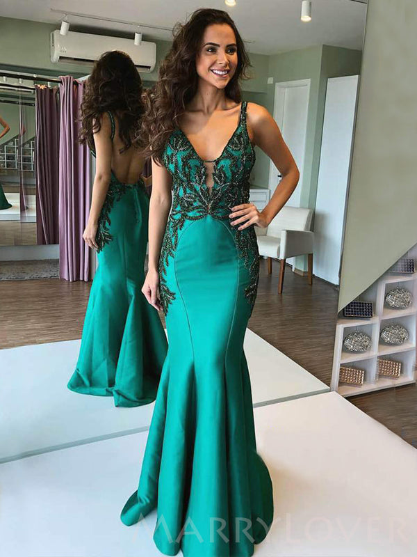 Mermaid Green Satin Beaded V Neck Appliques Long Backless Evening Prom MarryLover Mermaid Green Satin Beaded V Neck Appliques Long Backless Evening Prom MarryLover