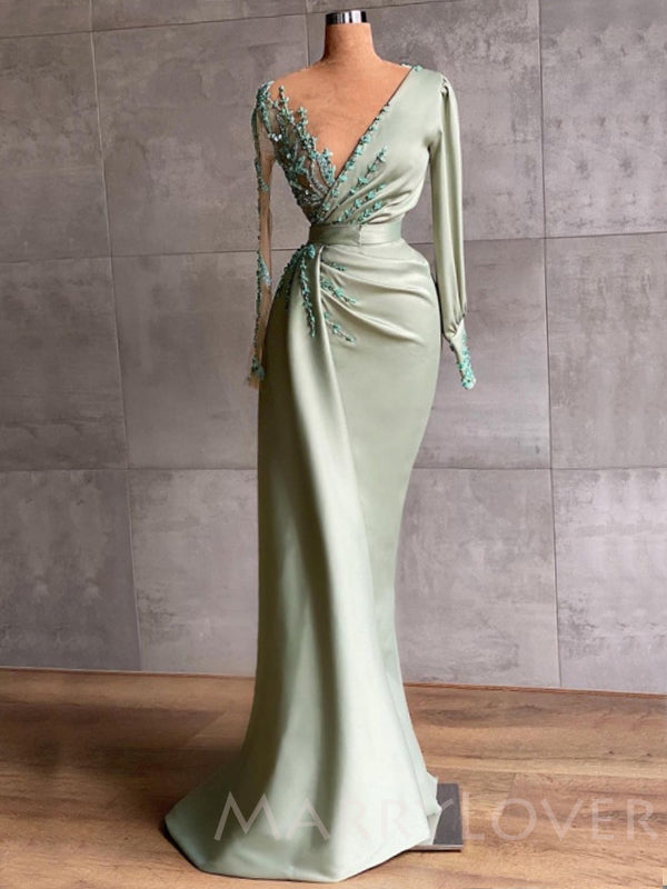 Mermaid Sage Satin V-neck Long Sleeves Long Evening Prom Dresses, Chea MarryLover Mermaid Sage Satin V-neck Long Sleeves Long Evening Prom Dresses, Chea MarryLover