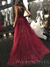 A-line Two Pieces Burgundy Tulle Appliques Beaded Long Evening Prom Dresses, Cheap Custom Prom Dress, MR7749