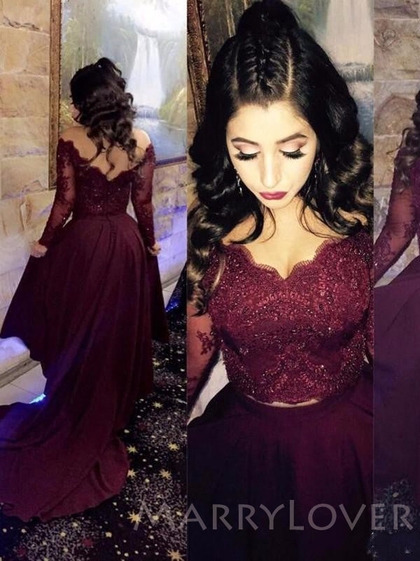 Burgundy Satin Lace Long Sleeves Applique Long High-low Evening Prom D MarryLover Burgundy Satin Lace Long Sleeves Applique Long High-low Evening Prom D MarryLover