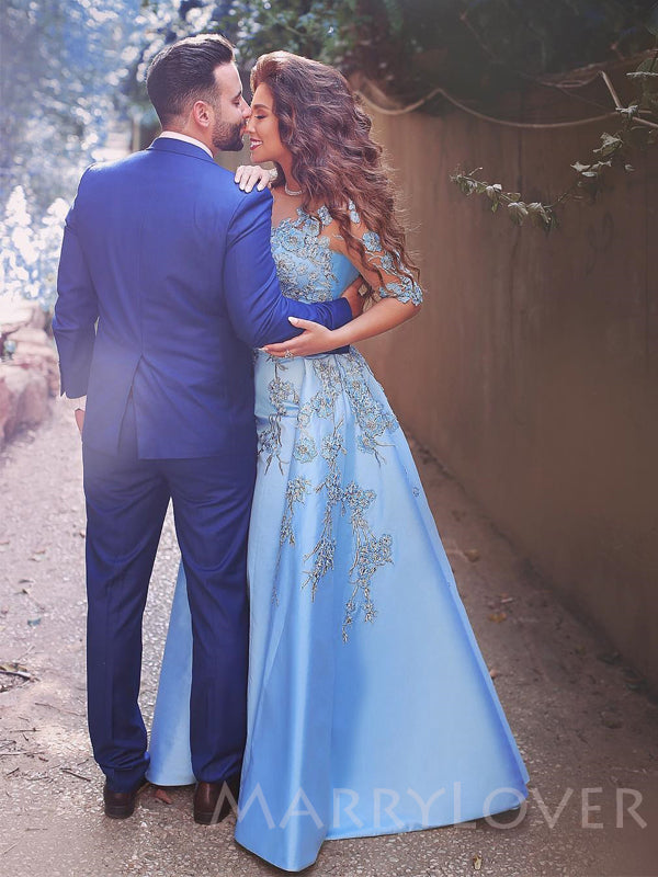 A-line Sky Blue Satin Appliques Long Evening Prom Dresses, Cheap Custom Prom Dresses, MR7768