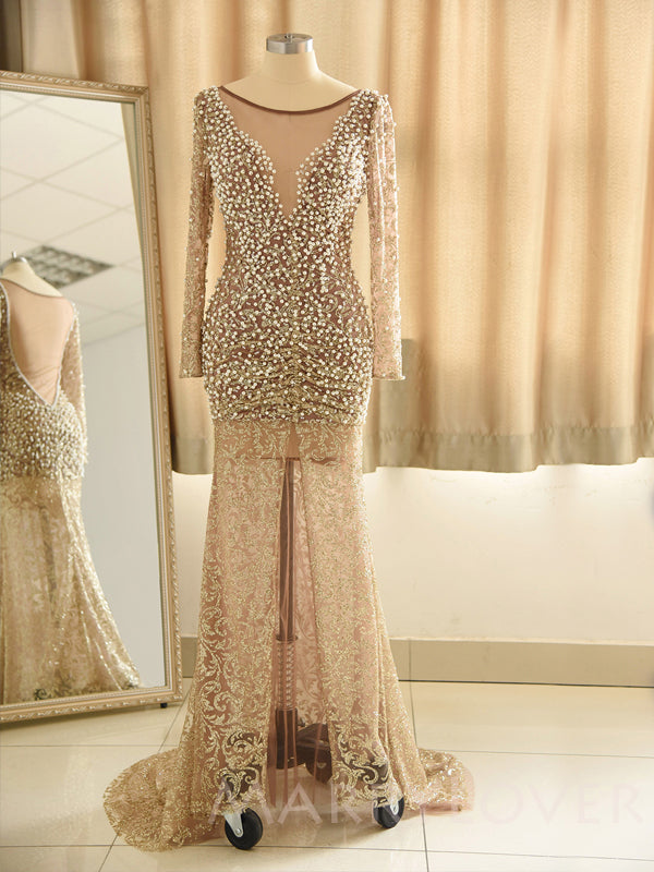 Deep V-neck Long Sleeves Mermaid Beaded Gold Long Evening Prom Dresses MarryLover Deep V-neck Long Sleeves Mermaid Beaded Gold Long Evening Prom Dresses MarryLover