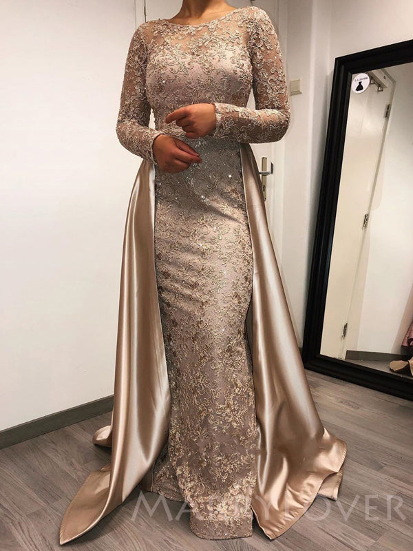 Long Sleeves Mermaid Champagne Gold Lace Long Evening Prom Dresses, MR MarryLover Long Sleeves Mermaid Champagne Gold Lace Long Evening Prom Dresses, MR MarryLover