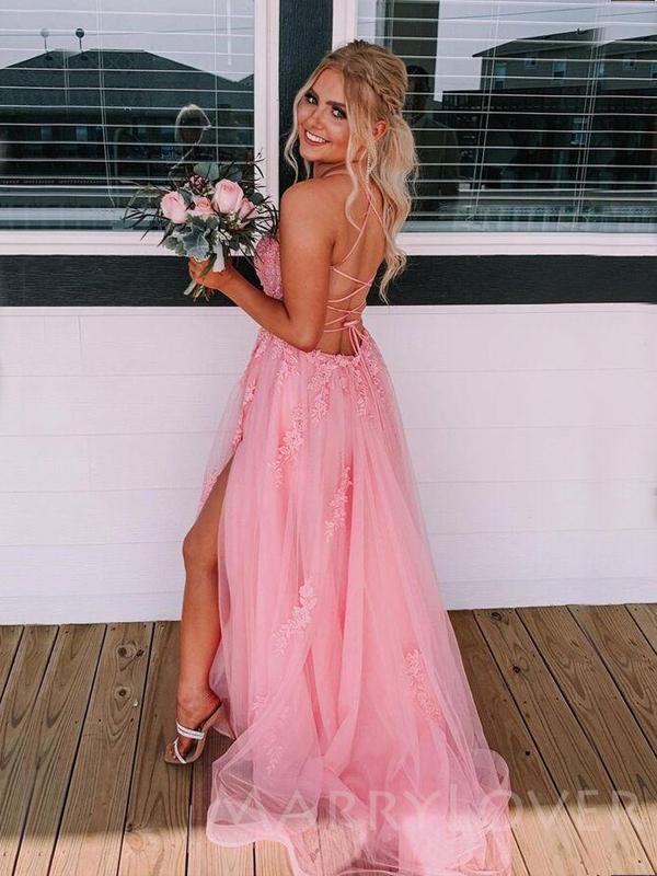 A-line Spaghetti Straps Pink Tulle Appliques Side Slit Lace Long Evening Prom Dresses, MR7792 A-line Spaghetti Straps Pink Tulle Appliques Side Slit Lace Long Evening Prom Dresses, MR7792