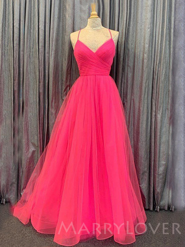 Hot Pink Tulle A-line V-neck Pleat Spaghetti Straps Long Evening Prom MarryLover Hot Pink Tulle A-line V-neck Pleat Spaghetti Straps Long Evening Prom MarryLover