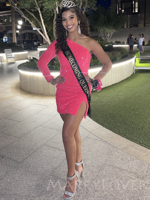 open lace back dress One Shoulder Long Sleeves Hot Pink Sequin Short Evening Prom Dresses, Homecoming Dresses, MR7807 open lace back dress One Shoulder Long Sleeves Hot Pink Sequin Short Evening Prom Dresses, Homecoming Dresses, MR7807