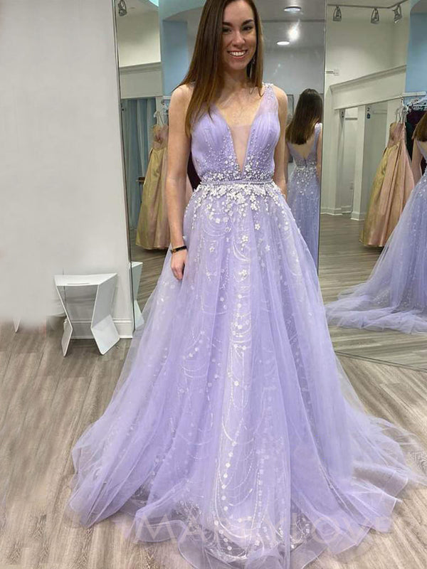Lilac Tulle Deep V-neck Beaded Long Evening Prom Dresses, Cheap Custom MarryLover Lilac Tulle Deep V-neck Beaded Long Evening Prom Dresses, Cheap Custom MarryLover