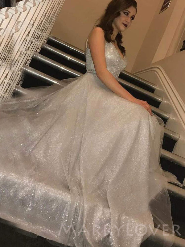 A-line Silver Tulle Sparkly Spaghetti Straps Long Evening Prom Dresses MarryLover A-line Silver Tulle Sparkly Spaghetti Straps Long Evening Prom Dresses MarryLover