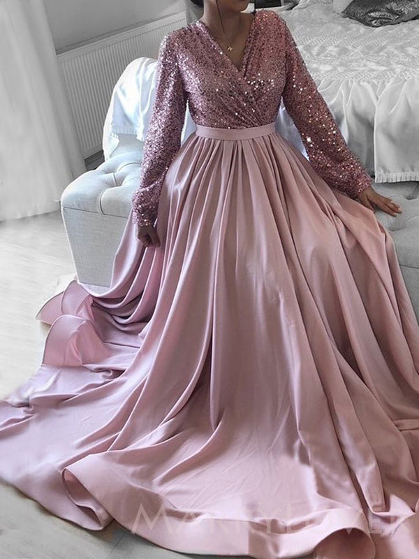 A-line Long Sleeves Pink Satin Sequin Long Evening Prom Dresses, Cheap MarryLover A-line Long Sleeves Pink Satin Sequin Long Evening Prom Dresses, Cheap MarryLover