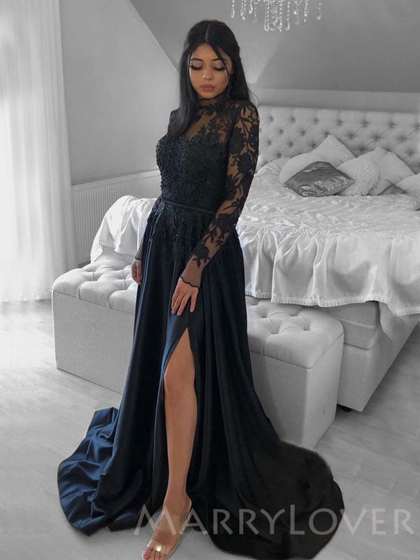 Navy Blue Satin Long Sleeves A-line Appliques Long Evening Prom Dresse MarryLover Navy Blue Satin Long Sleeves A-line Appliques Long Evening Prom Dresse MarryLover