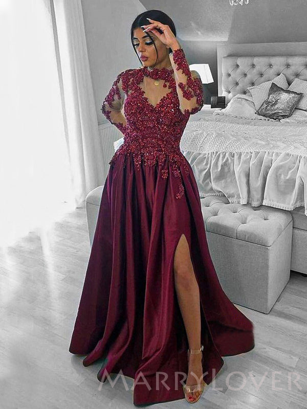A-line Burgundy Satin Long Sleeves Appliques Long Evening Prom Dresses MarryLover A-line Burgundy Satin Long Sleeves Appliques Long Evening Prom Dresses MarryLover