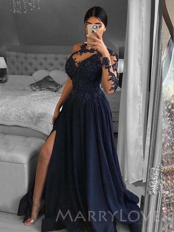 One Shoulder Long Sleeves Navy Blue Satin A-line Appliques Long Evenin MarryLover One Shoulder Long Sleeves Navy Blue Satin A-line Appliques Long Evenin MarryLover