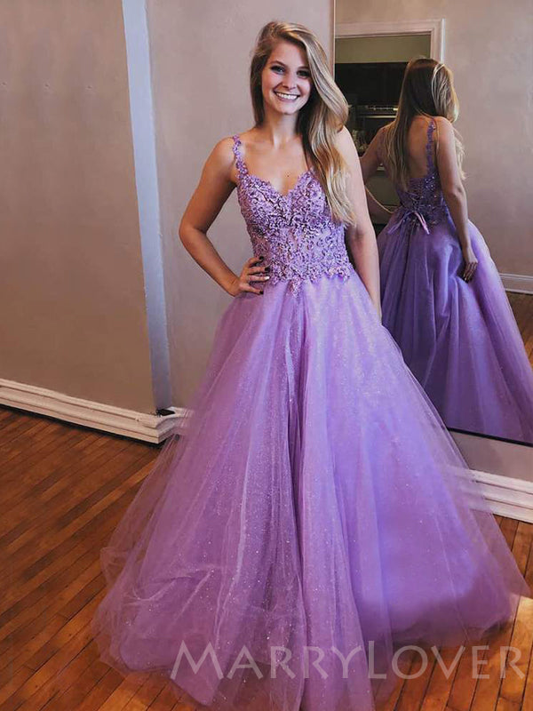 A-line Lilac Tulle Appliques Long Evening Prom Dresses, Cheap Custom P MarryLover A-line Lilac Tulle Appliques Long Evening Prom Dresses, Cheap Custom P MarryLover