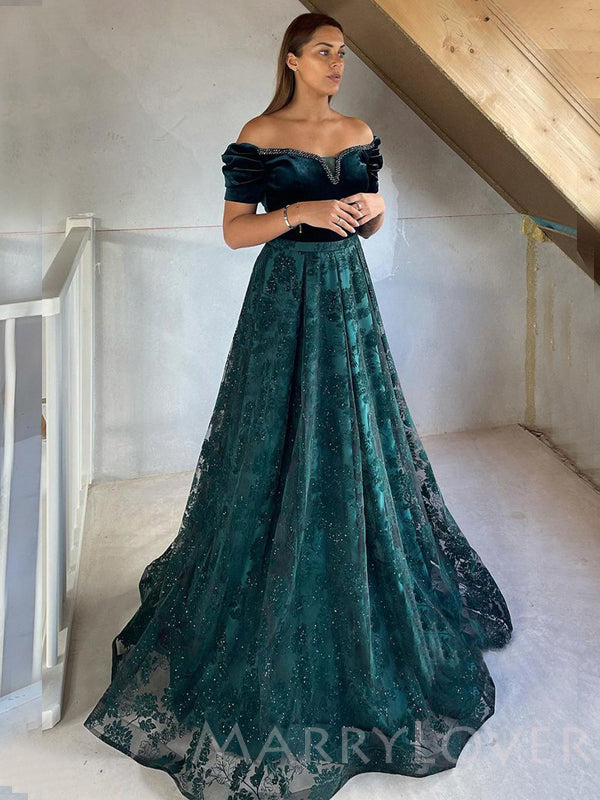 A-line Off Shoulder Dark Green Lace Long Evening Prom Dresses, Cheap C MarryLover A-line Off Shoulder Dark Green Lace Long Evening Prom Dresses, Cheap C MarryLover