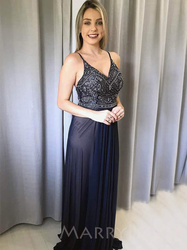 Navy Blue Chiffon Beaded A-line Spaghetti Straps Long Evening Prom Dre MarryLover Navy Blue Chiffon Beaded A-line Spaghetti Straps Long Evening Prom Dre MarryLover
