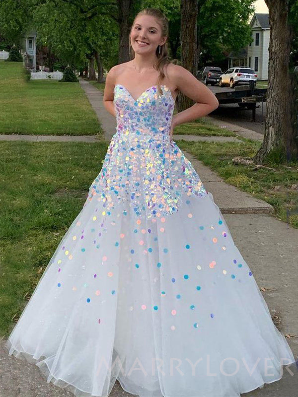 A-line White Tulle Round Sequin Long Strapless Evening Prom Dresses, C MarryLover A-line White Tulle Round Sequin Long Strapless Evening Prom Dresses, C MarryLover