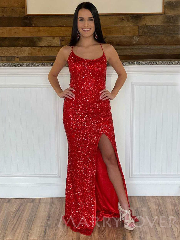 red sequin spaghetti strap dress Sparkly Mermaid Spaghetti Straps Red Sequins Long Prom Dress with Criss Cross Back