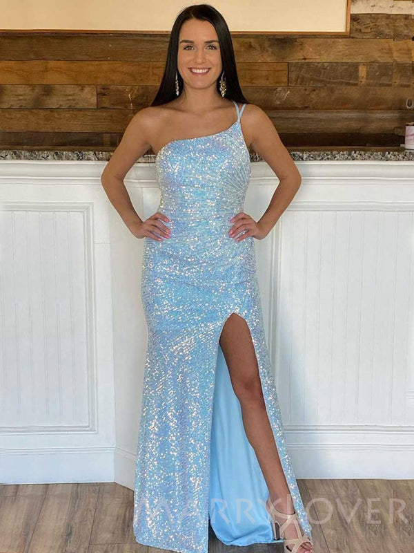 One Shoulder Sky Blue Sequin Long Mermaid Evening Prom Dresses, Cheap MarryLover One Shoulder Sky Blue Sequin Long Mermaid Evening Prom Dresses, Cheap MarryLover