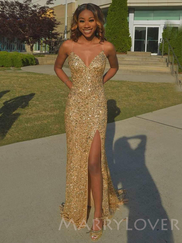inexpensive gold dresses Gold Sequin Spaghetti Straps Long Mermaid Evening Prom Dresses, Cheap – MarryLover