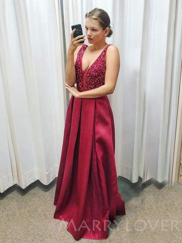 Sexy V-neck Burgundy Satin Beaded Long Evening Prom Dresses, Cheap Cus MarryLover Sexy V-neck Burgundy Satin Beaded Long Evening Prom Dresses, Cheap Cus MarryLover