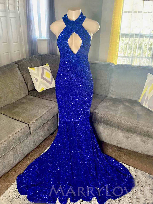 Royal Blue Sequin Mermaid Halter Long Evening Prom Dresses, Cheap Cust MarryLover Royal Blue Sequin Mermaid Halter Long Evening Prom Dresses, Cheap Cust MarryLover