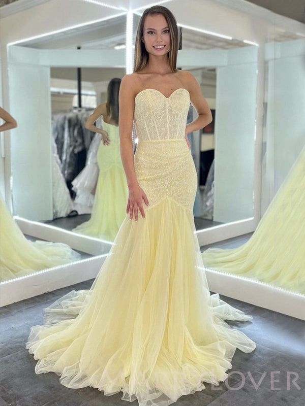 Mermaid Yellow Tulle Beaded Strapless Long Evening Prom Dresses, Cheap MarryLover Mermaid Yellow Tulle Beaded Strapless Long Evening Prom Dresses, Cheap MarryLover