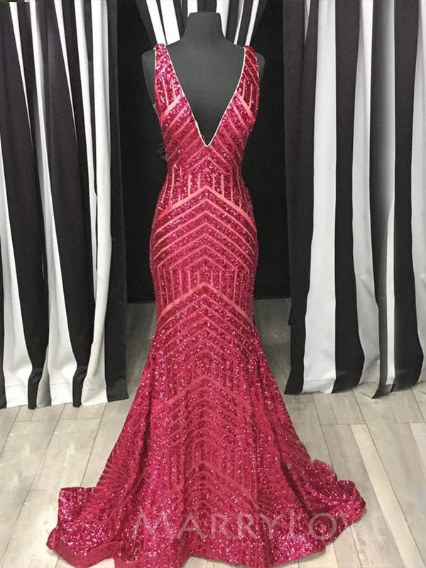 Deep V-neck Burgundy Sequin Mermaid Long Evening Prom Dresses, Cheap C MarryLover Deep V-neck Burgundy Sequin Mermaid Long Evening Prom Dresses, Cheap C MarryLover