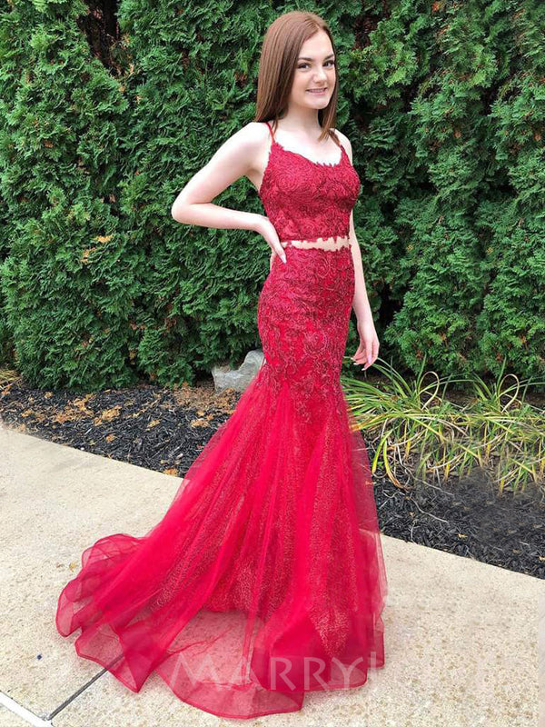 Two Pieces Burgundy Tulle Mermaid Appliques Lace Long Evening Prom Dre MarryLover Two Pieces Burgundy Tulle Mermaid Appliques Lace Long Evening Prom Dre MarryLover