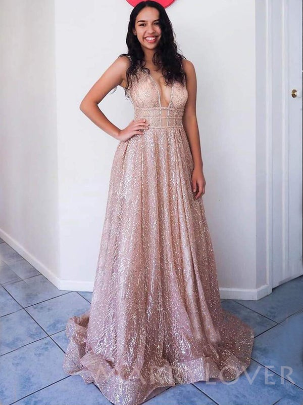 A-line Deep V-neck Champagne Gold Sequin Long Sparkly Evening Prom Dre MarryLover A-line Deep V-neck Champagne Gold Sequin Long Sparkly Evening Prom Dre MarryLover