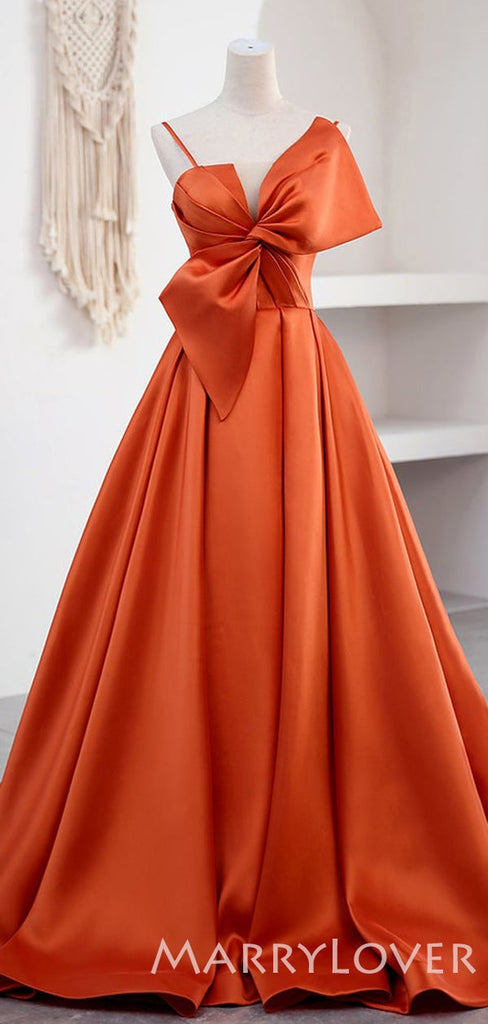 Papaya Satin A-line Long Evening Prom Dresses, Cheap Custom Spaghetti Straps Prom Dresses, MR7936
