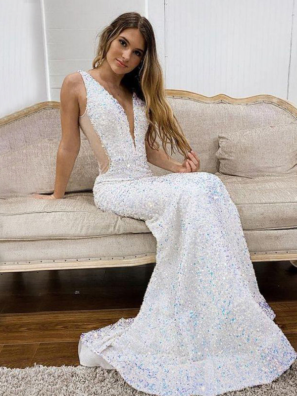 Mermaid Deep V-neck White Sequin Long Evening Prom Dresses, Cheap Cust MarryLover Mermaid Deep V-neck White Sequin Long Evening Prom Dresses, Cheap Cust MarryLover