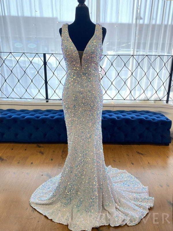 Backless Mermaid White Sequin Deep V-neck Long Evening Prom Dresses, C MarryLover Backless Mermaid White Sequin Deep V-neck Long Evening Prom Dresses, C MarryLover