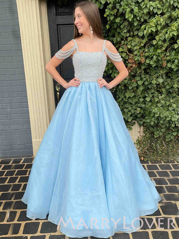 Sky Blue Organza Beaded A-line Long Evening Prom Dresses, Cheap Sweet MarryLover Sky Blue Organza Beaded A-line Long Evening Prom Dresses, Cheap Sweet MarryLover