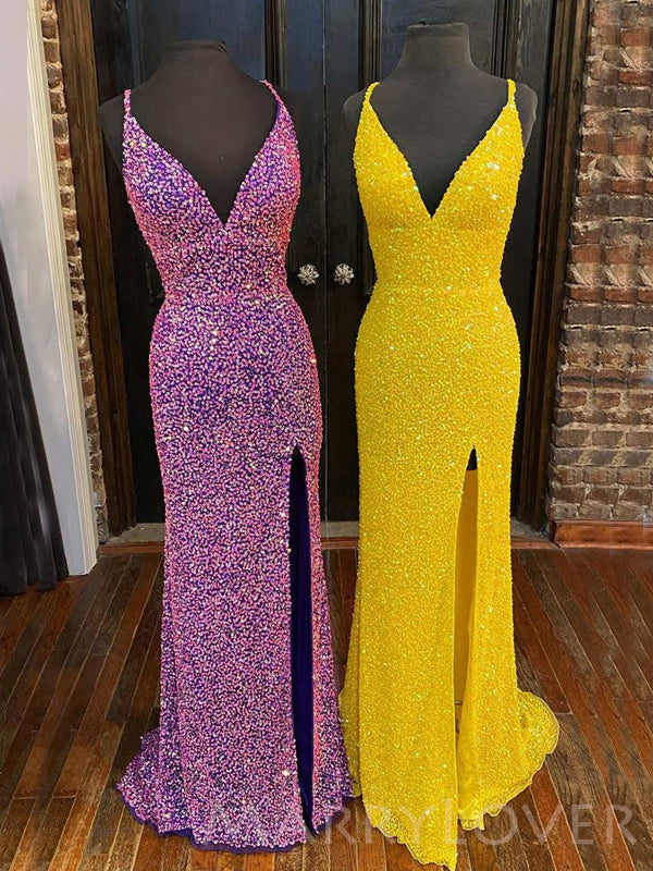 yellow sequin prom dress Purple/Yellow Sequin Deep V-neck Sheath Long Evening Prom Dresses, Che – MarryLover