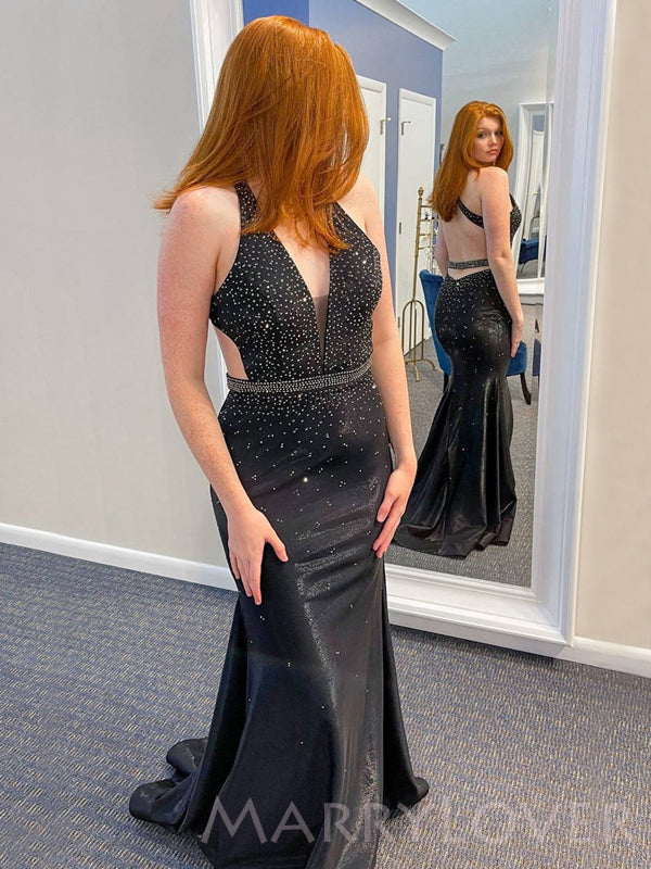 Deep V-neck Black Satin Beaded Sparkly Long Mermaid Evening Prom Dress MarryLover Deep V-neck Black Satin Beaded Sparkly Long Mermaid Evening Prom Dress MarryLover