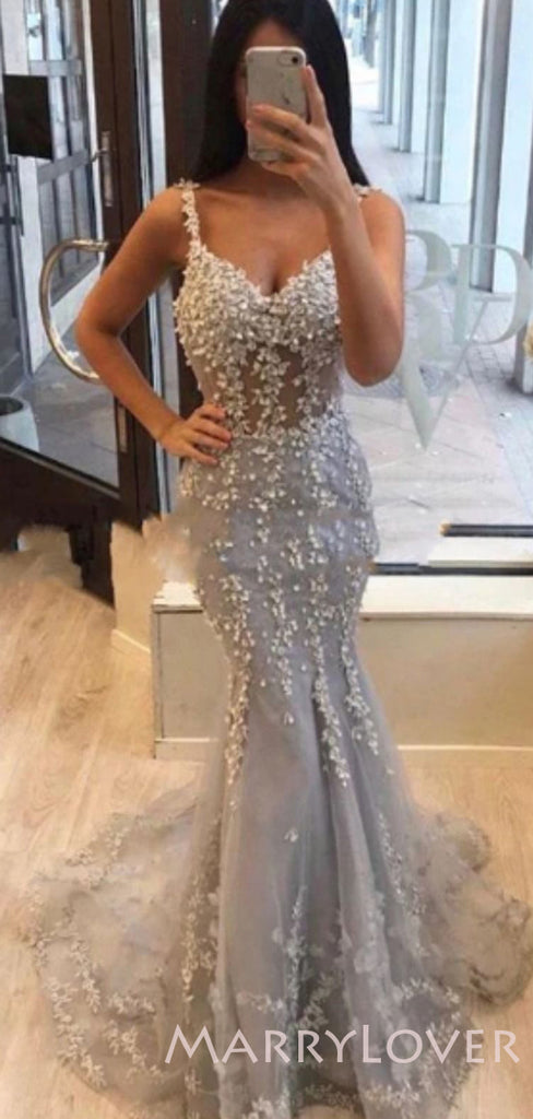 Mermaid Grey Tulle Appliques Spaghetti Straps Lace Long Evening Prom Dresses, MR7996