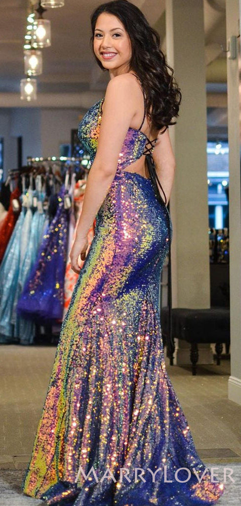 Mermaid Deep V-neck Sequin Spaghetti Straps Long Evening Prom Dresses, Cheap Custom Prom Dresses, MR7997