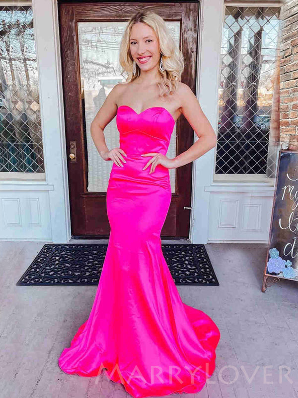 Hot Pink Satin Mermaid Long Strapless Evening Prom Dresses, Cheap Cust MarryLover Hot Pink Satin Mermaid Long Strapless Evening Prom Dresses, Cheap Cust MarryLover