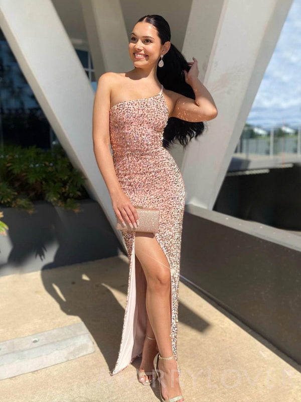 One Shoulder Pink Sequin Long Mermaid Evening Prom Dresses, Cheap Cust MarryLover One Shoulder Pink Sequin Long Mermaid Evening Prom Dresses, Cheap Cust MarryLover