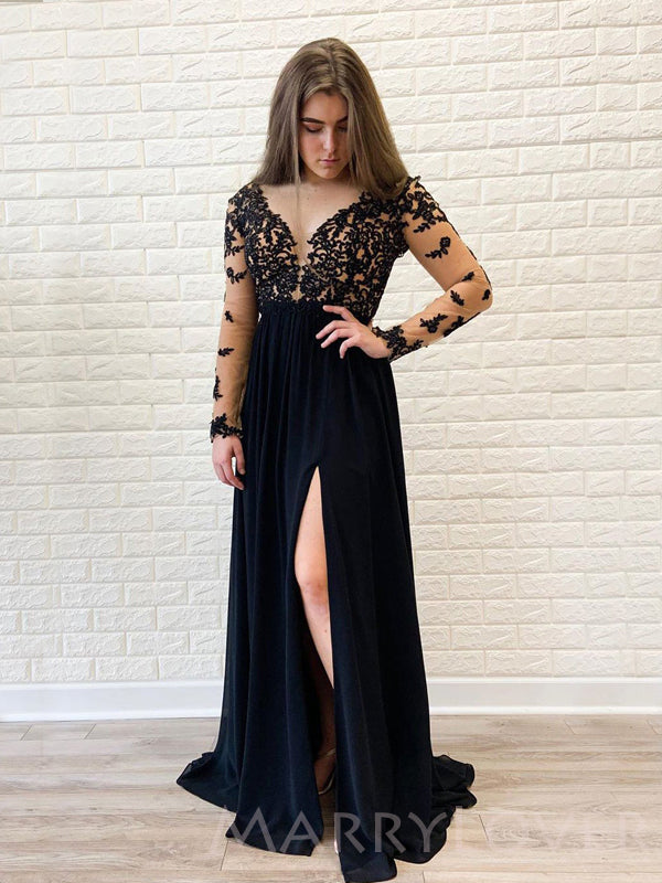 Sexy See Through Lace Long Sleeves Black Chiffon Long Prom Dresses, MR MarryLover Sexy See Through Lace Long Sleeves Black Chiffon Long Prom Dresses, MR MarryLover
