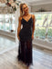 Black Tulle Mermaid Beaded Spaghetti Straps Long Evening Prom Dresses, MR8019