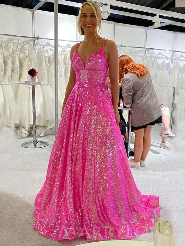 Hot Pink Sequin Sparkly A-line Long Halter Evening Prom Dresses, MR802 –  MarryLover
