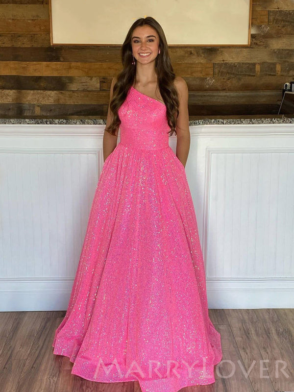 One Shoulder Hot Pink Sequin Sparkly A-line Long Evening Prom Dresses, MarryLover One Shoulder Hot Pink Sequin Sparkly A-line Long Evening Prom Dresses, MarryLover