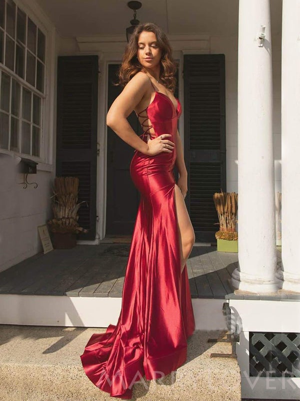 Burgundy Satin Spaghetti Straps Mermaid Long Evening Prom Dresses, Che MarryLover Burgundy Satin Spaghetti Straps Mermaid Long Evening Prom Dresses, Che MarryLover