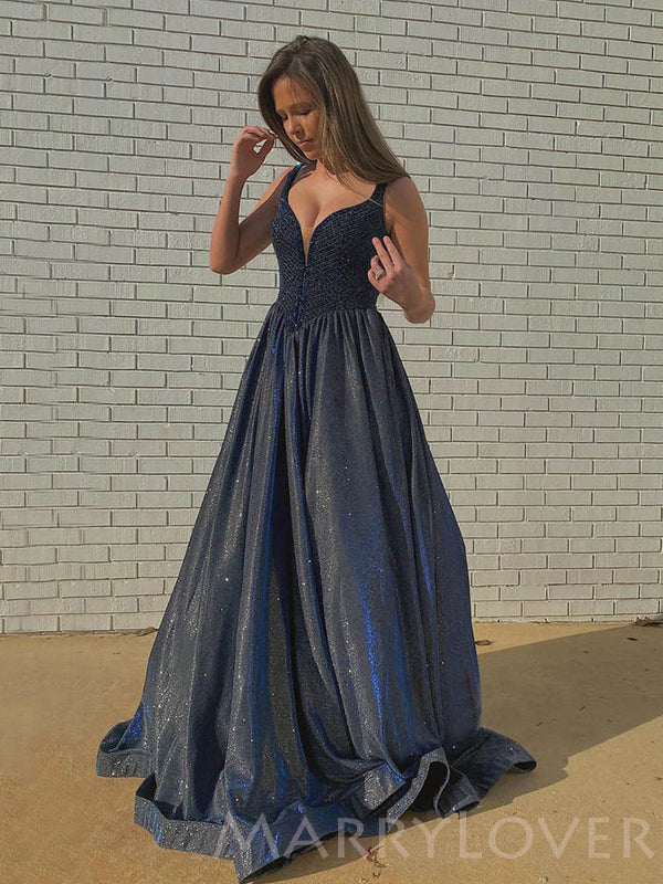 A-Line Navy Blue Sparkly Beaded Long Evening Prom Dresses, Cheap Custo MarryLover A-Line Navy Blue Sparkly Beaded Long Evening Prom Dresses, Cheap Custo MarryLover