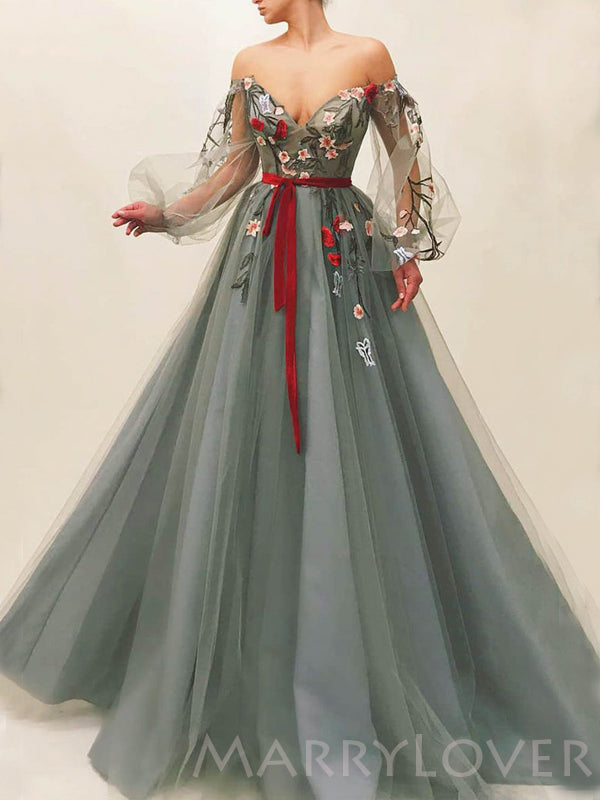 Off Shoulder Grey Tulle A-line Long Sleeves Long Evening Prom Dresses, MarryLover Off Shoulder Grey Tulle A-line Long Sleeves Long Evening Prom Dresses, MarryLover