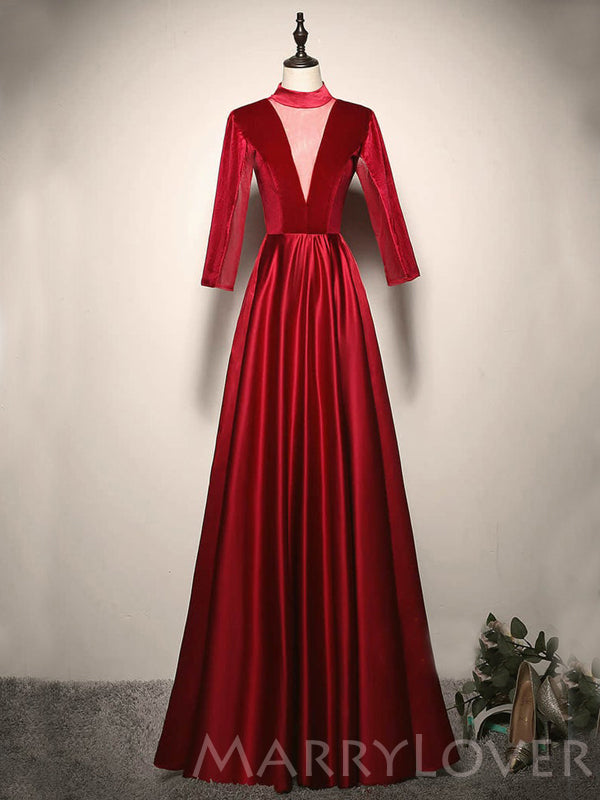 Deep V-ncek Burgundy Satin Long Sleeves Long Evening Prom Dresses, Che MarryLover Deep V-ncek Burgundy Satin Long Sleeves Long Evening Prom Dresses, Che MarryLover