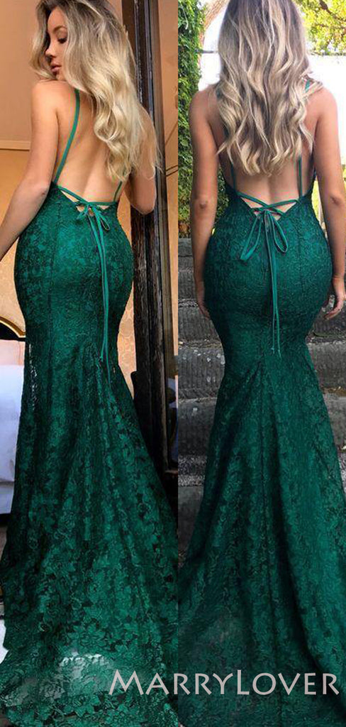 Burgundy Lace Mermaid Spaghetti Straps Long Backless Evening Prom Dresses, MR8045