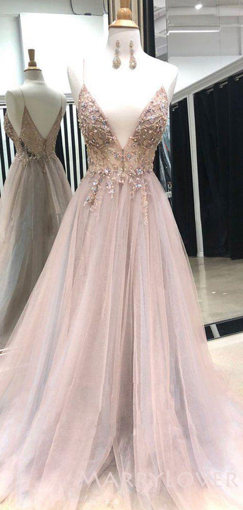 A-line See Through Tulle Beaded Long Spaghetti Straps Evening Prom Dresses, MR8058