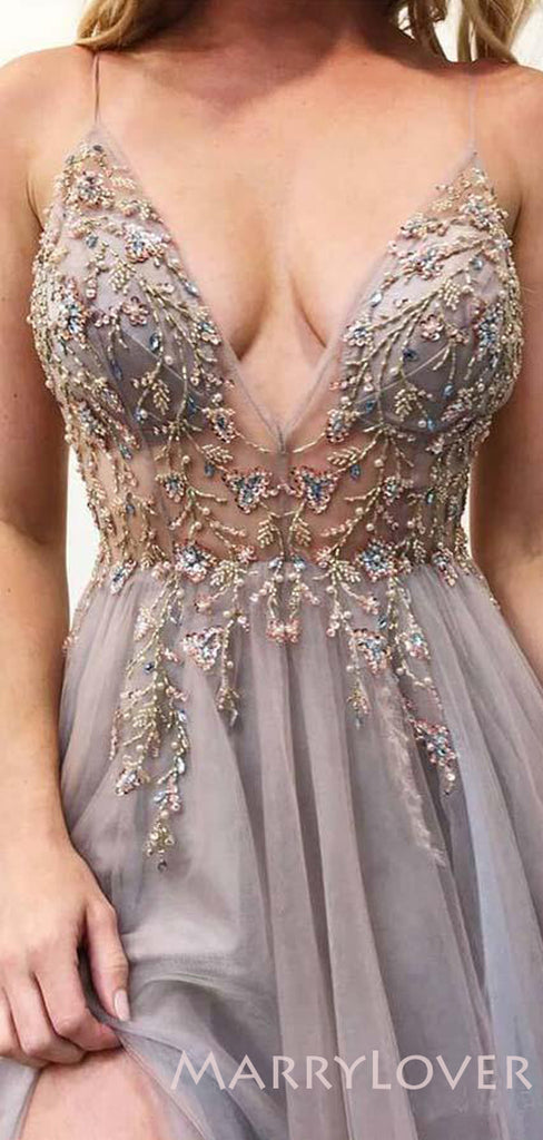 A-line See Through Tulle Beaded Long Spaghetti Straps Evening Prom Dresses, MR8058